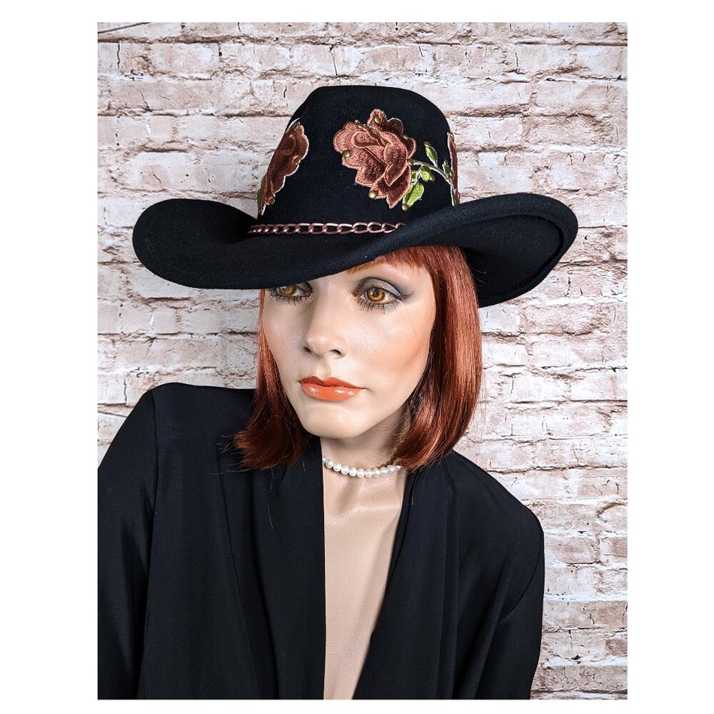 SCALA 100% Wool Felt Western Wear Cowgirl Hat Black Pink Rose Applique' One Size